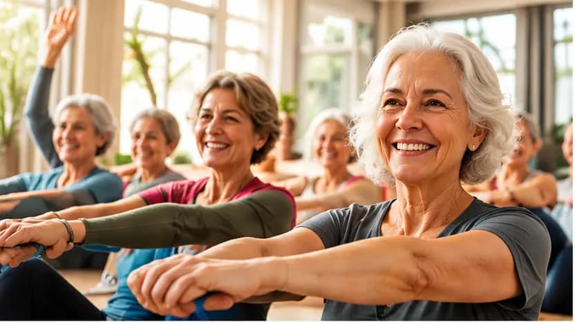 Mulheres maduras sorrindo durante uma atividade física em grupo