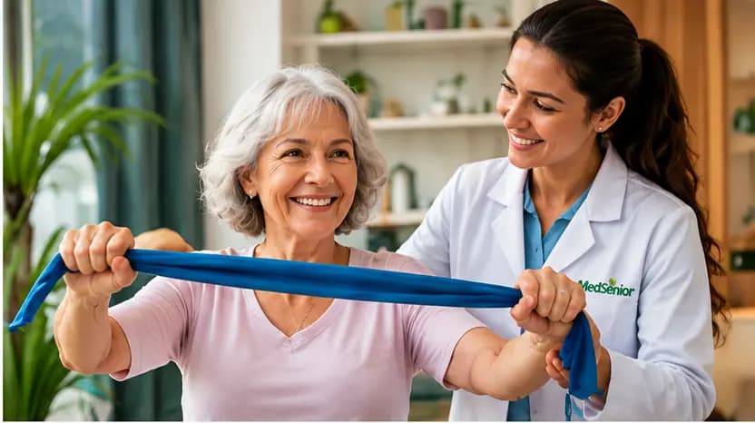 Profissional de saúde acompanhando exercício com faixa elástica de uma senhora