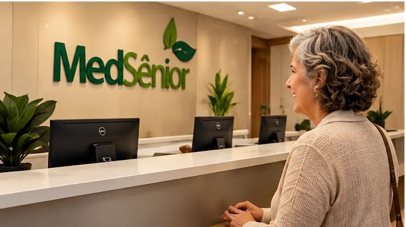 Senhora sendo recebida na recepção de uma unidade MedSênior