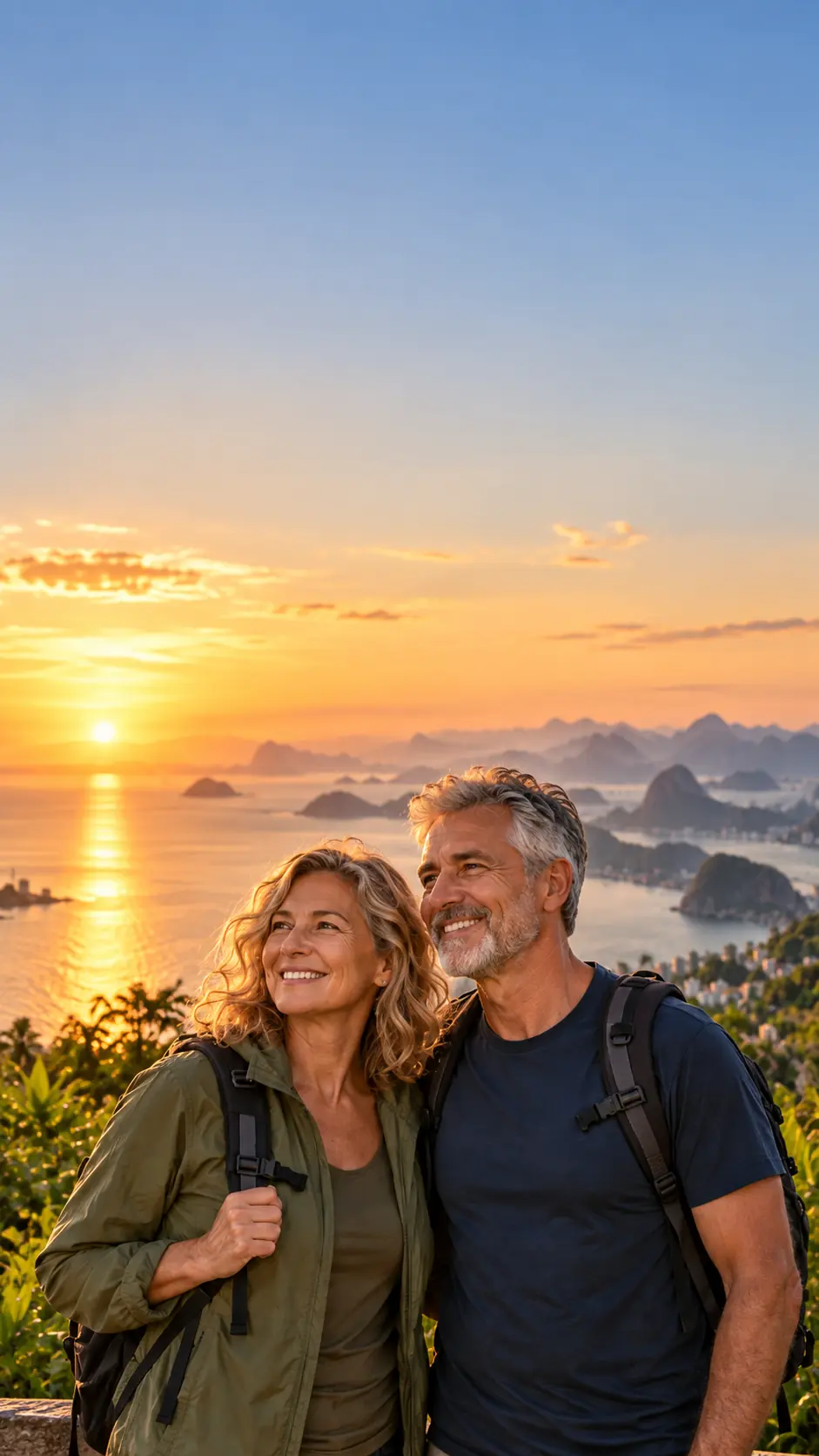 Casal maduro sorrindo em um mirante ao pôr do sol, com o mar e as montanhas ao fundo